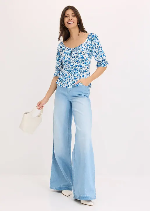 Bonprix Sommershirt Mit Floralem Print Und Puffärmeln - Weiß