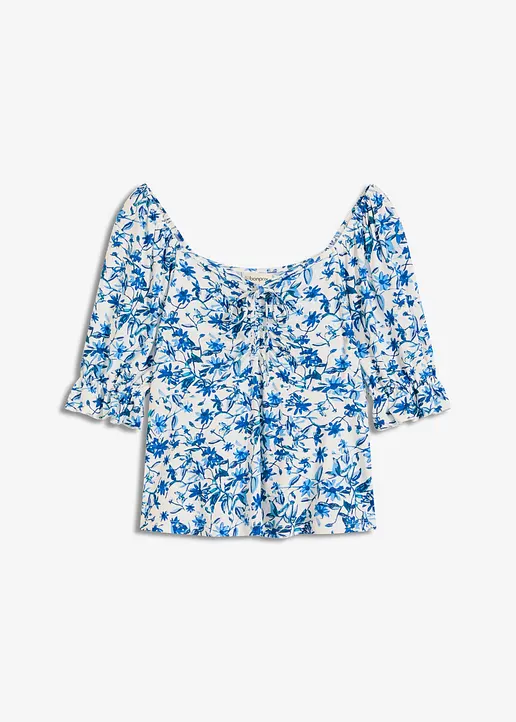 bonprix Sommershirt mit floralem Print und Puffärmeln - weiß