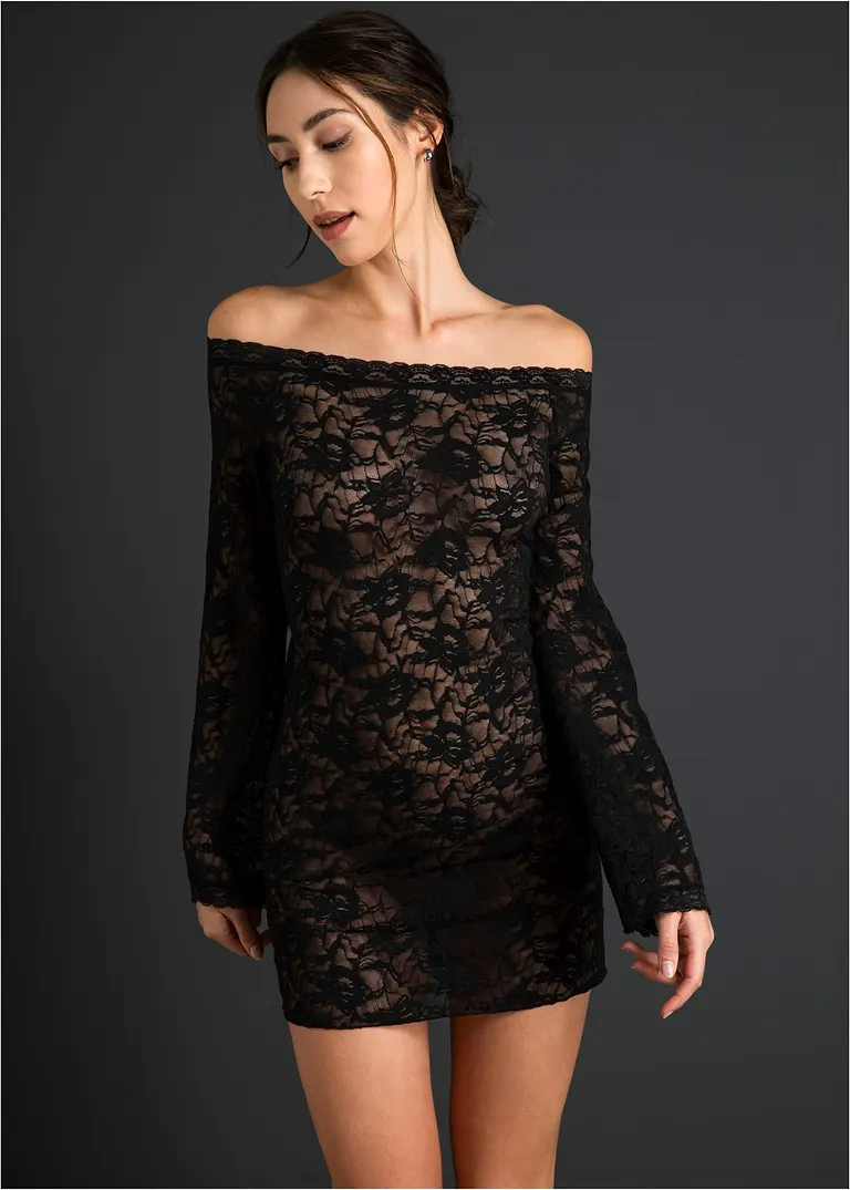 bonprix Spitzen-Kleid mit Carmen-Ausschnitt - schwarz - Damen