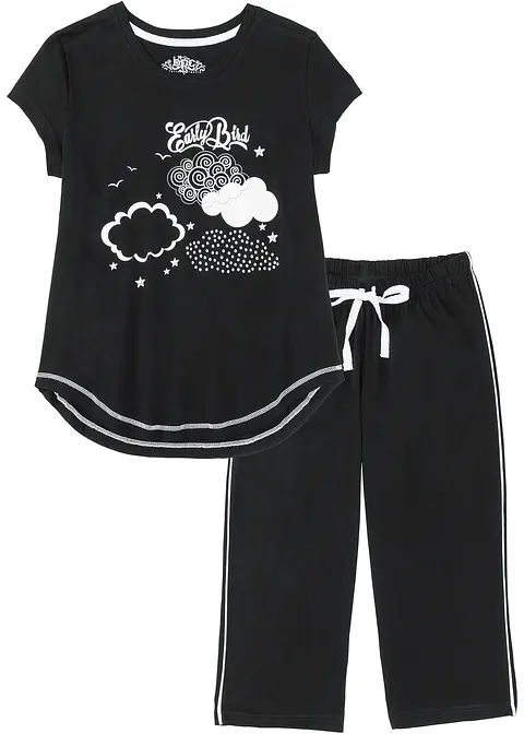 bonprix Sportlicher Capri Pyjama mit schönem Frontdruck - schwarz/weiß