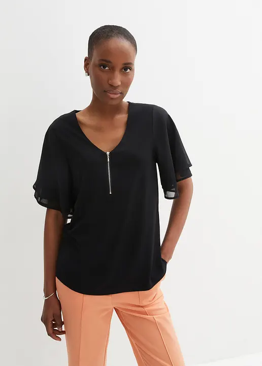 Bonprix Stillvolles Shirt Mit Chiffonärmeln - Schwarz - Damen