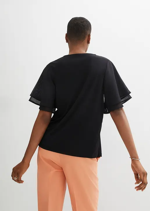 Bonprix Stillvolles Shirt Mit Chiffonärmeln - Schwarz - Damen