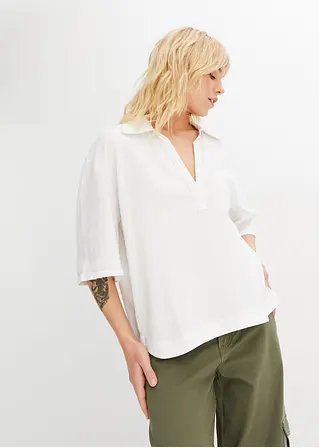 Bonprix Stilvolle Bluse Mit Polokragen Aus Leinen-Viskose-Mix - Weiß
