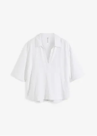 bonprix Stilvolle Bluse mit Polokragen aus Leinen-Viskose-Mix - weiß