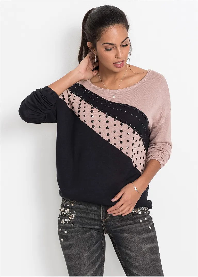 Bonprix Stilvoller Pullover Mit überschnittenen Schultern Und Steinchenapplikationen