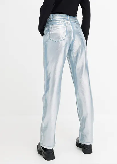 Bonprix Straight Jeans High Waist Mit Glanzeffekt - Blau Regular - Damen