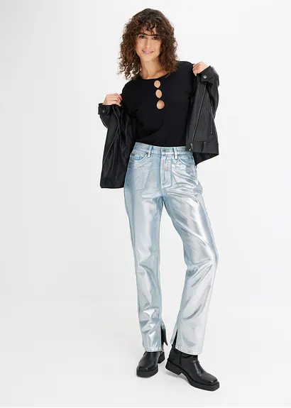 Bonprix Straight Jeans High Waist Mit Glanzeffekt - Blau Regular - Damen