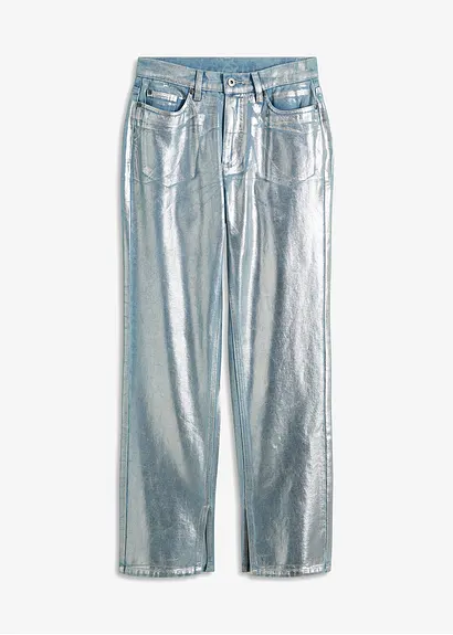 bonprix Straight Jeans High Waist mit Glanzeffekt - blau regular - Damen