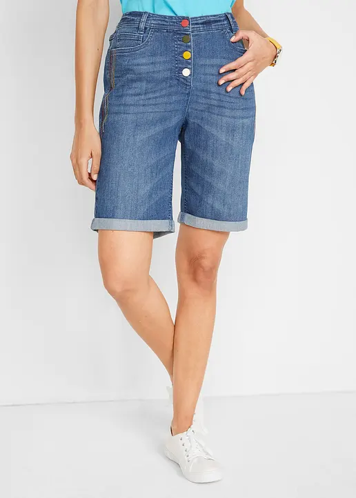Bonprix Stretch Jeans-Bermuda Mit Stickerei Und Auffälliger Knopfleiste Am Bund