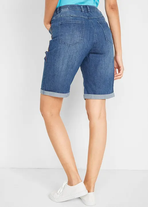 Bonprix Stretch Jeans-Bermuda Mit Stickerei Und Auffälliger Knopfleiste Am Bund