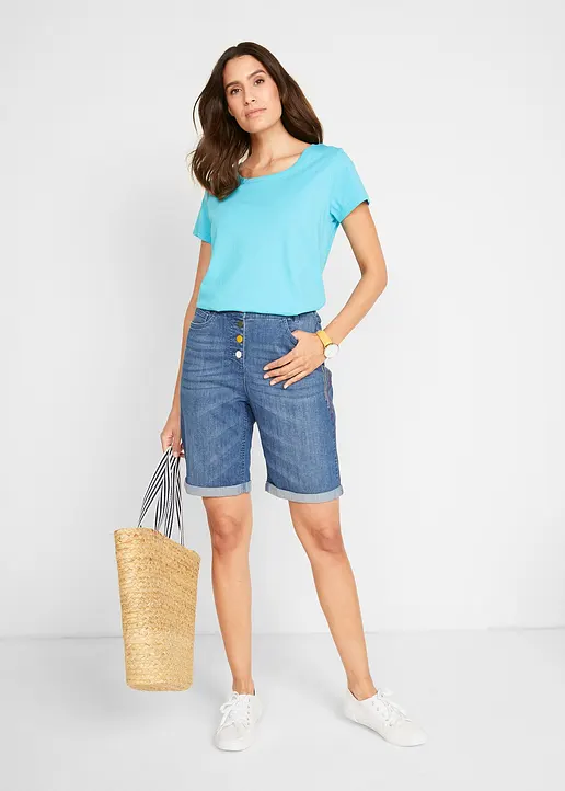 Bonprix Stretch Jeans-Bermuda Mit Stickerei Und Auffälliger Knopfleiste Am Bund