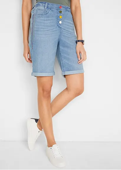 Bonprix Stretch Jeans-Bermuda Mit Stickerei Und Auffälliger Knopfleiste Am Bund