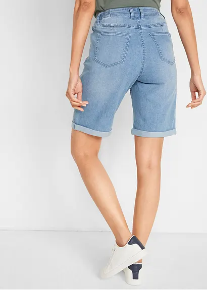 Bonprix Stretch Jeans-Bermuda Mit Stickerei Und Auffälliger Knopfleiste Am Bund
