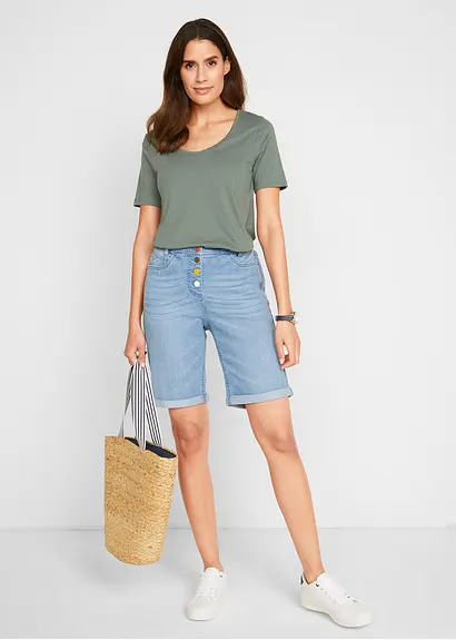 Bonprix Stretch Jeans-Bermuda Mit Stickerei Und Auffälliger Knopfleiste Am Bund