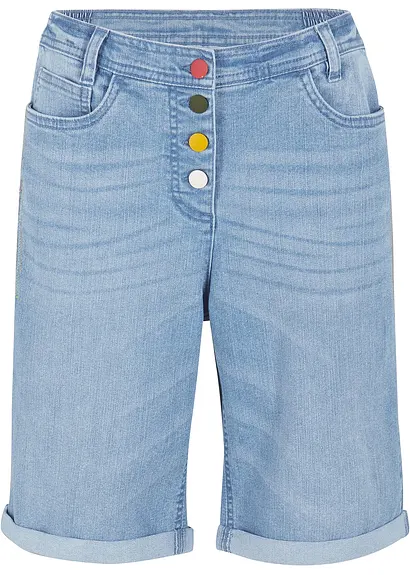 bonprix Stretch Jeans-Bermuda mit Stickerei und auffälliger Knopfleiste am Bund