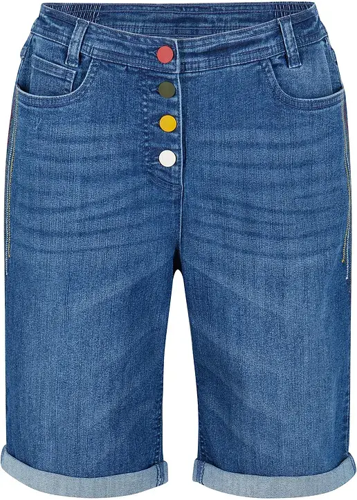 bonprix Stretch Jeans-Bermuda mit Stickerei und auffälliger Knopfleiste am Bund