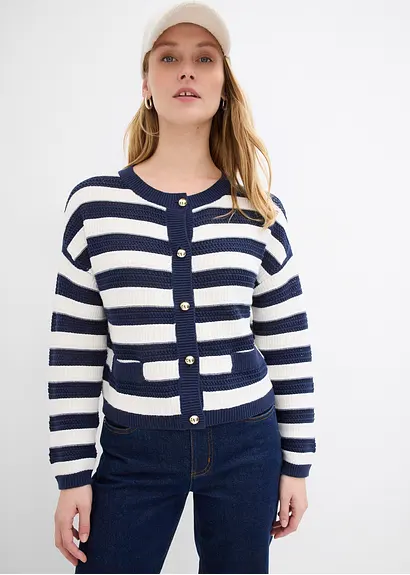 Bonprix Strickjacke Im Streifendessin Und Colorblocking - Blau