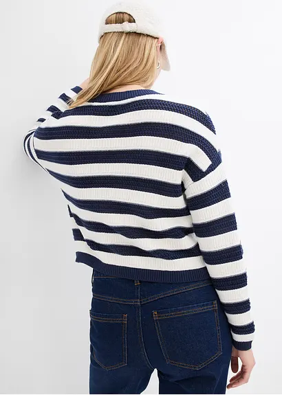 Bonprix Strickjacke Im Streifendessin Und Colorblocking - Blau