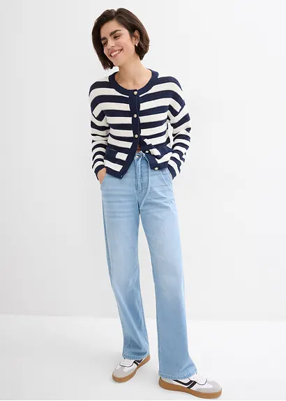 Bonprix Strickjacke Im Streifendessin Und Colorblocking - Blau