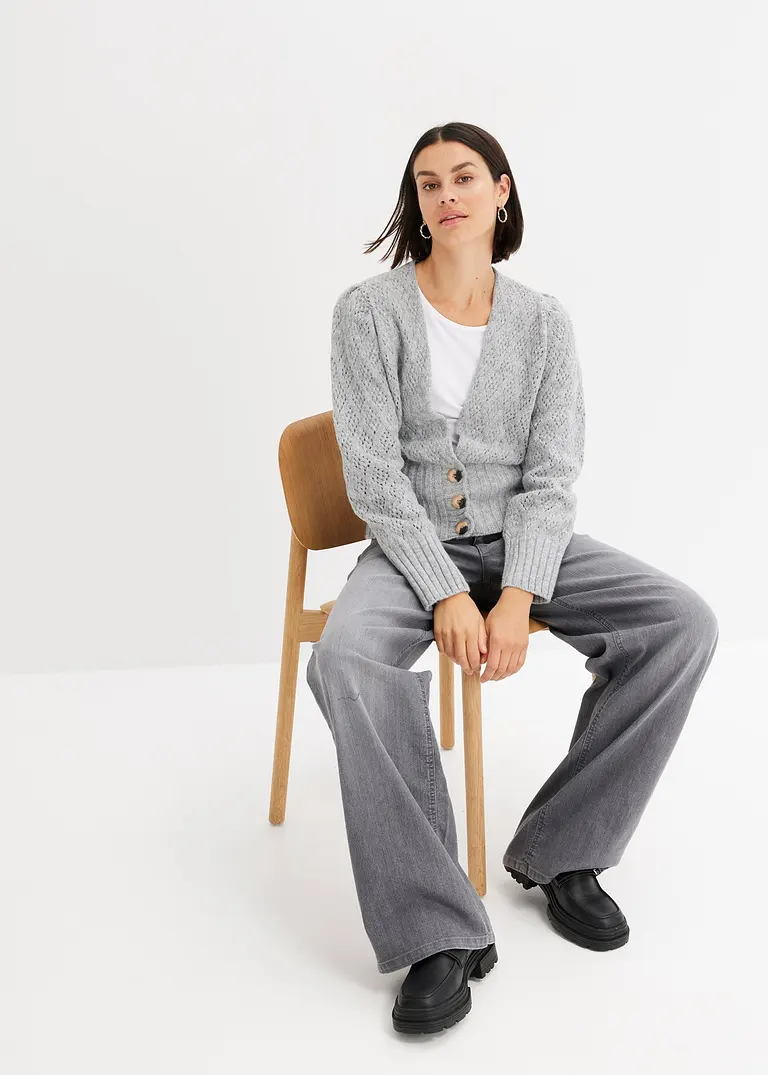 Bonprix Strickjacke Mit Breitem Bündchen - Grau - Damen