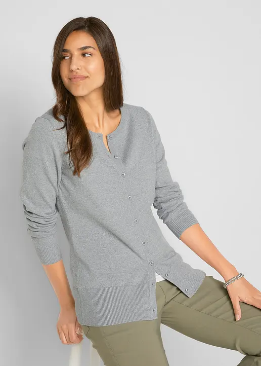 Bonprix Strickjacke Mit Rundhalsausschnitt - Grau - Damen