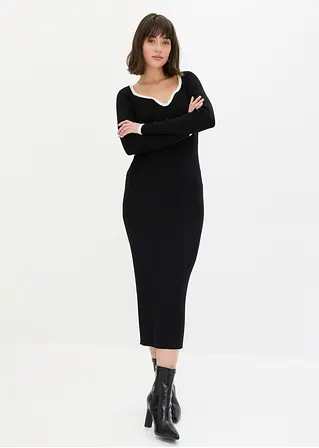 Bonprix Strickkleid Mit Kontrast-Abschluss Am Ausschnitt - Schwarz