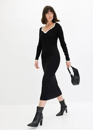 Bonprix Strickkleid Mit Kontrast-Abschluss Am Ausschnitt - Schwarz