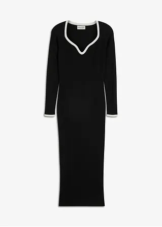 bonprix Strickkleid mit Kontrast-Abschluss am Ausschnitt - schwarz