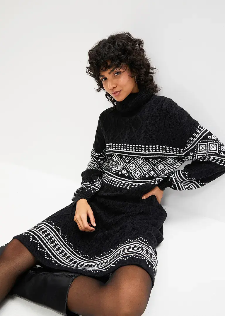 Bonprix Strickkleid Mit Norweger-Muster Und Ballonärmeln - Schwarz