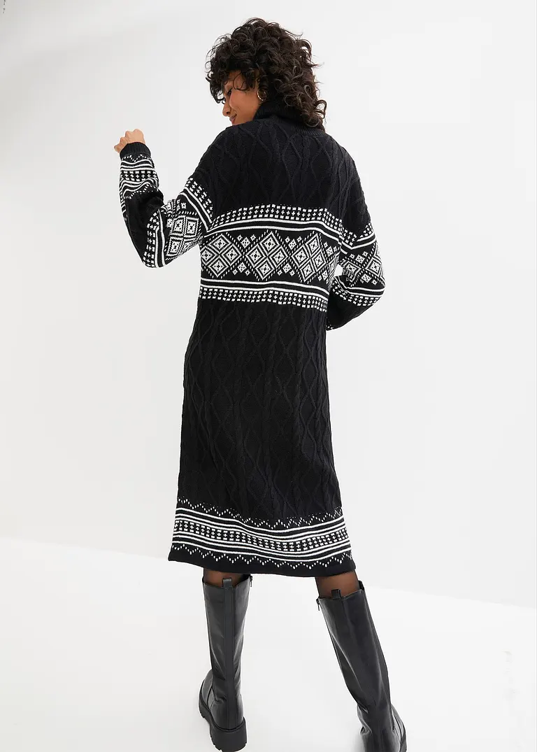 Bonprix Strickkleid Mit Norweger-Muster Und Ballonärmeln - Schwarz