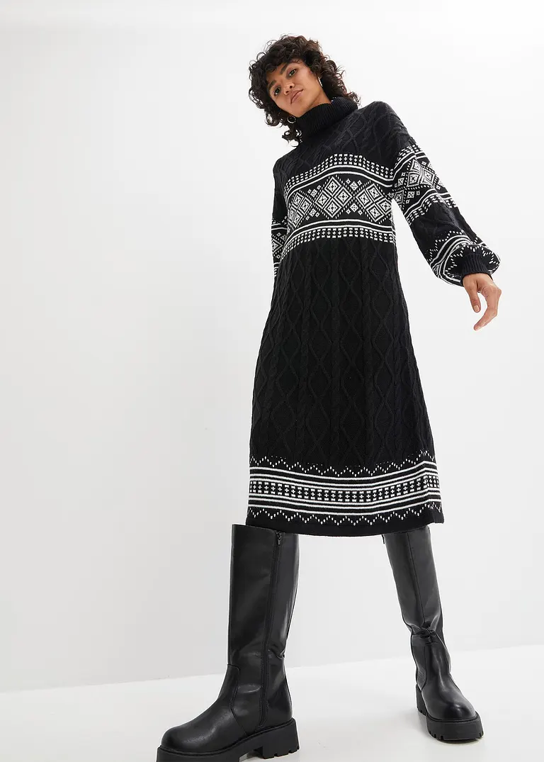Bonprix Strickkleid Mit Norweger-Muster Und Ballonärmeln - Schwarz