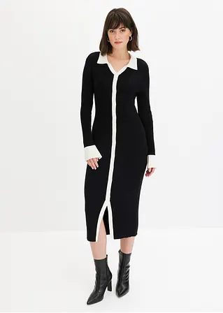 Bonprix Strickkleid Mit Polokragen Und Kontrast-Knopfleiste - Schwarz