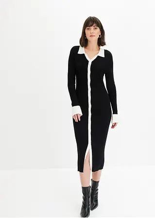 Bonprix Strickkleid Mit Polokragen Und Kontrast-Knopfleiste - Schwarz