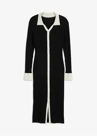 bonprix Strickkleid mit Polokragen und Kontrast-Knopfleiste - schwarz
