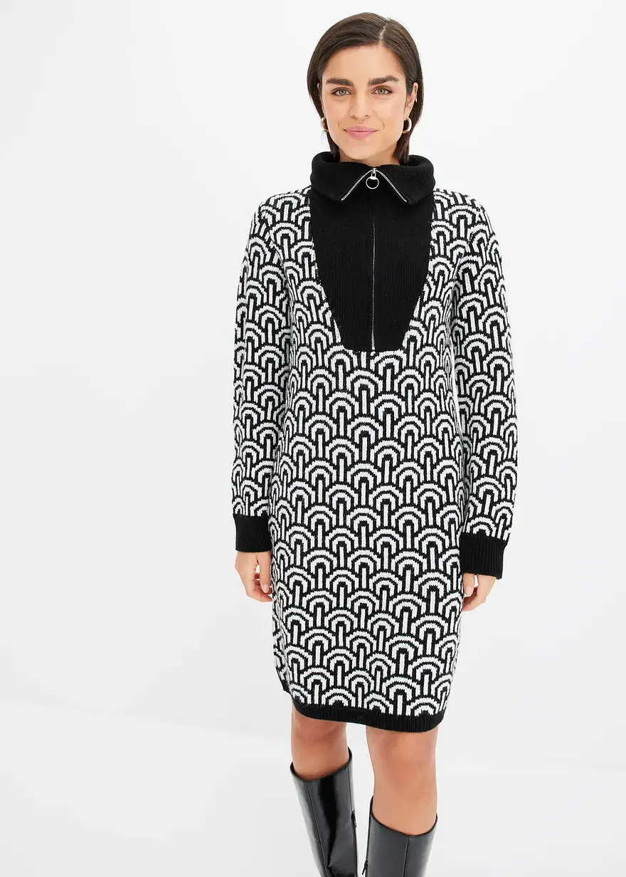 Bonprix Strickkleid Mit Troyer-Kragen Und Jacquardmuster - Schwarz