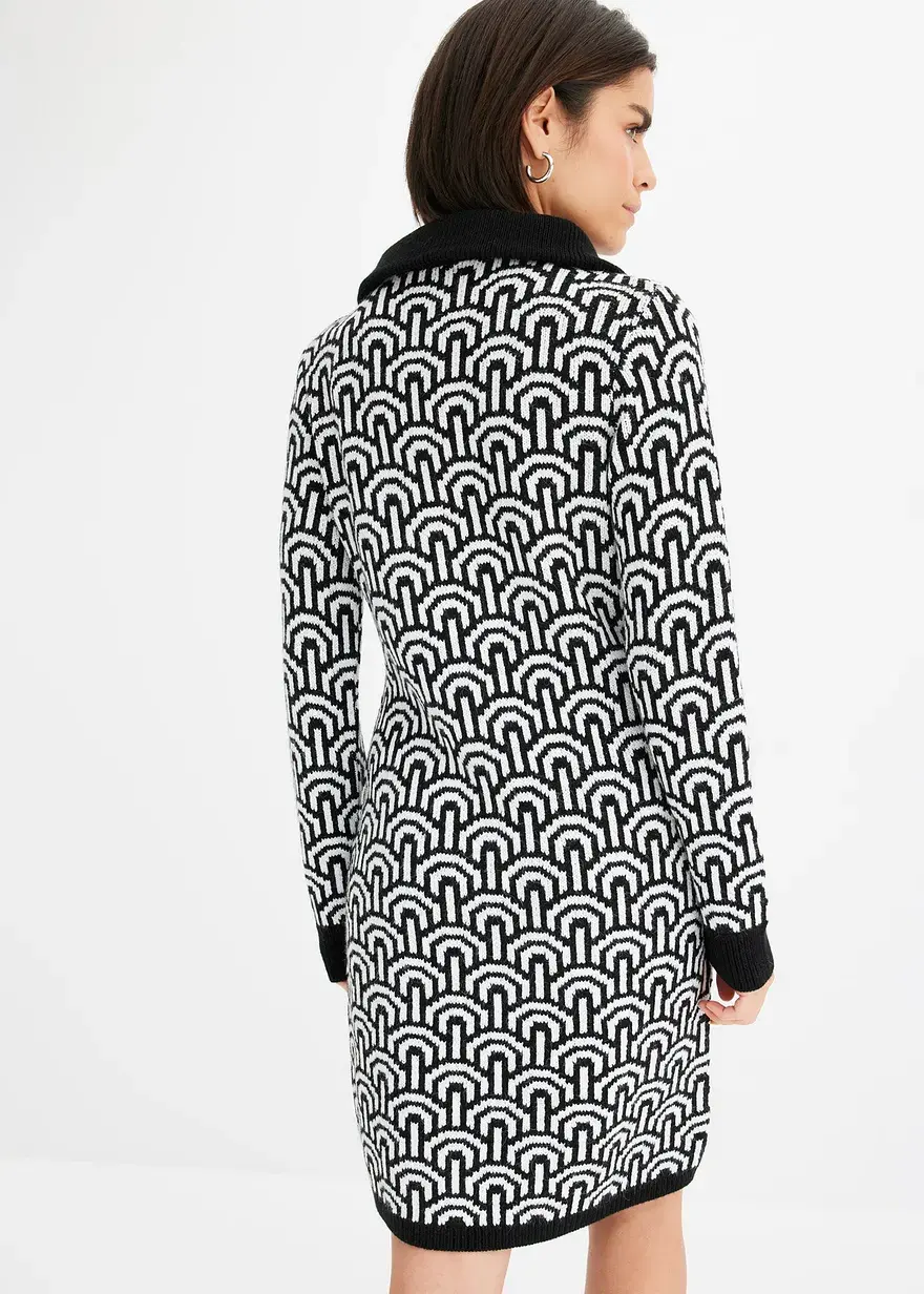 Bonprix Strickkleid Mit Troyer-Kragen Und Jacquardmuster - Schwarz