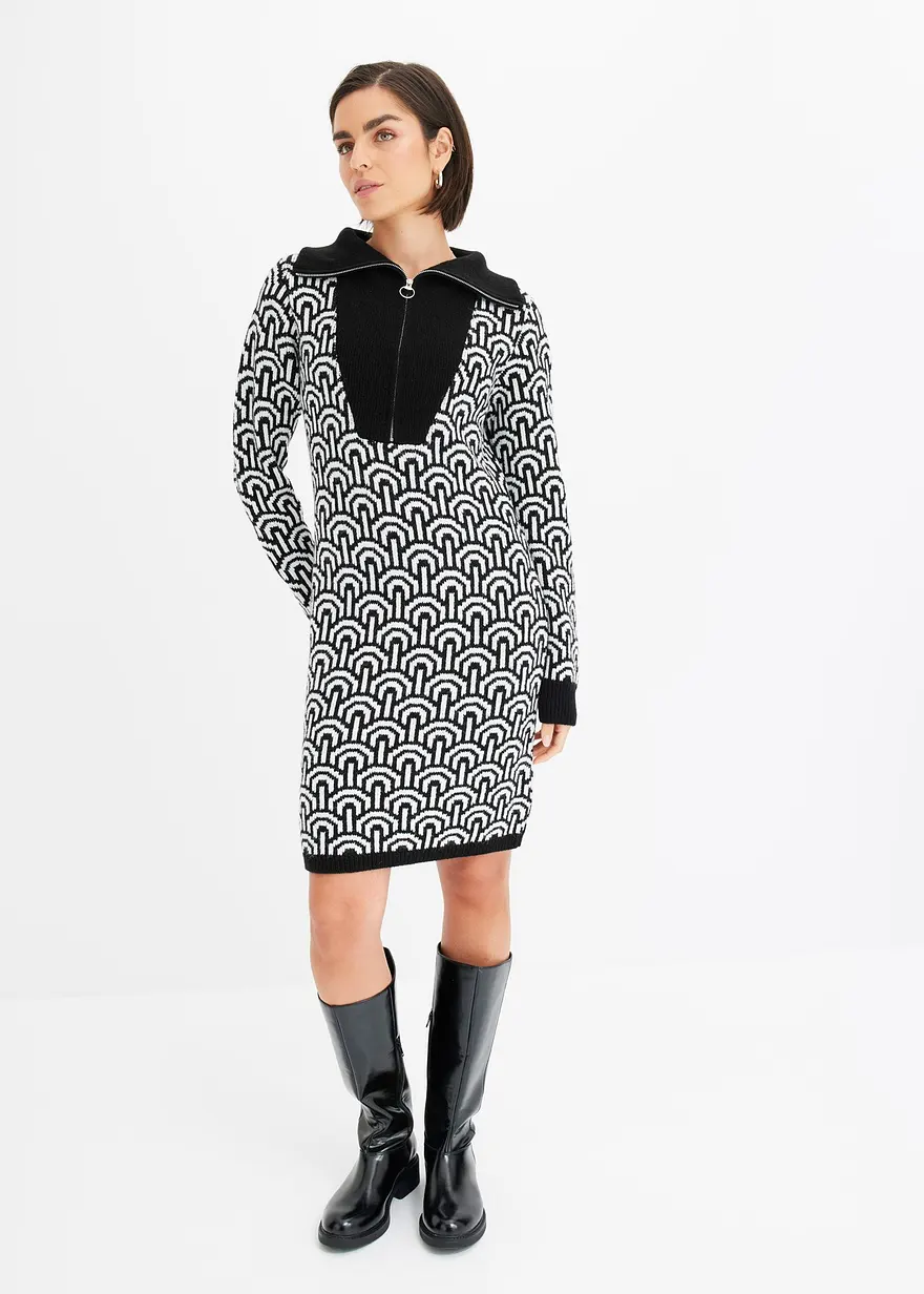 Bonprix Strickkleid Mit Troyer-Kragen Und Jacquardmuster - Schwarz
