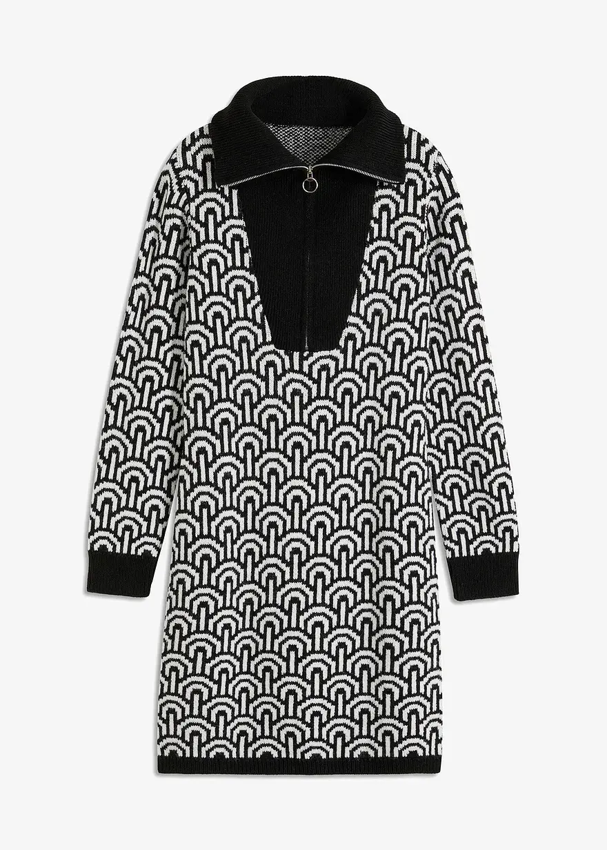 bonprix Strickkleid mit Troyer-Kragen und Jacquardmuster - schwarz