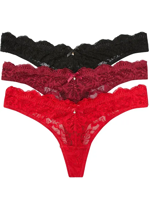 bonprix String mit toller Spitze - schwarz/salsarot/rhododendronrot