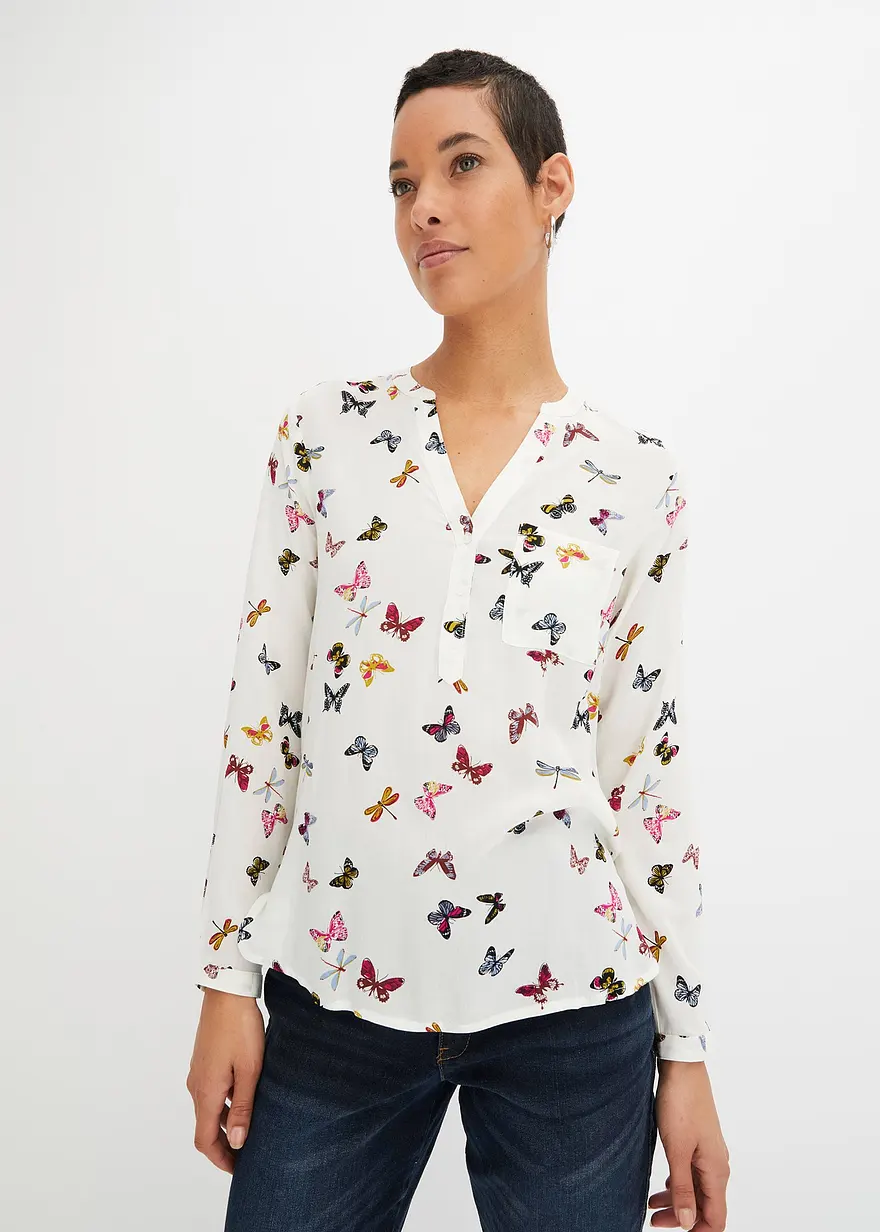 Bonprix Stylische Bluse Mit Attraktivem Allover-Druck Und Knöpfen. - Weiß
