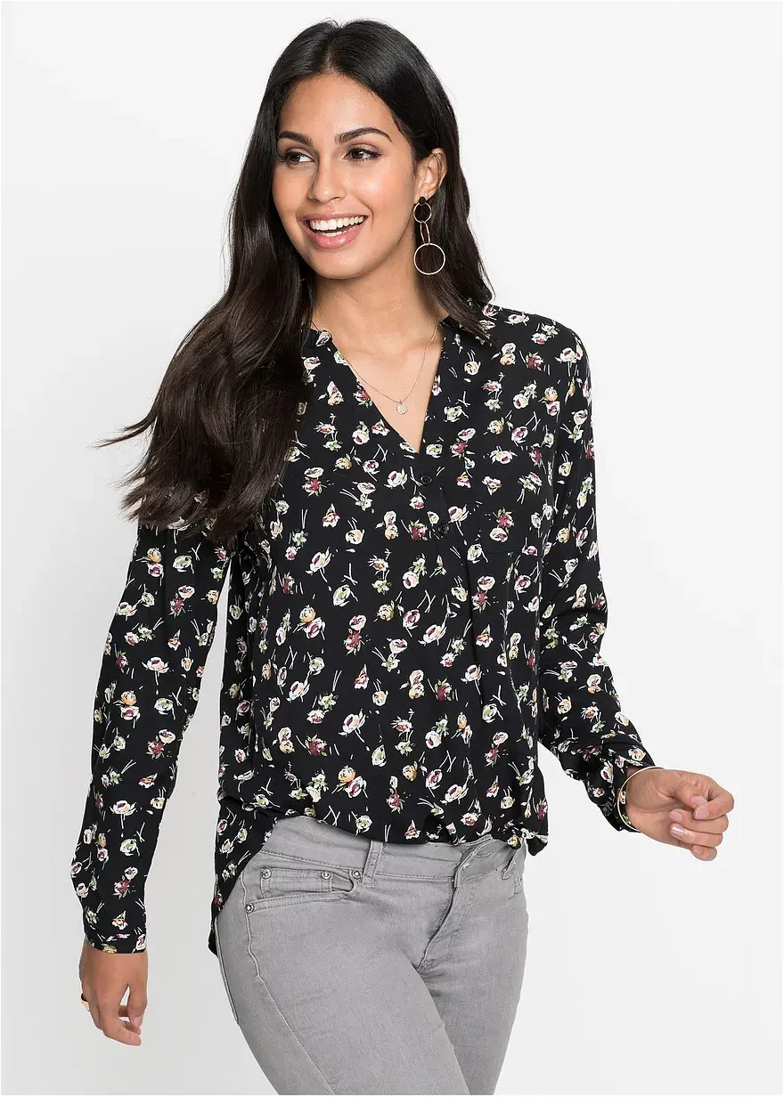 Bonprix Stylische Bluse Mit Brusttasche Und Längerem Rücksaum. - Schwarz