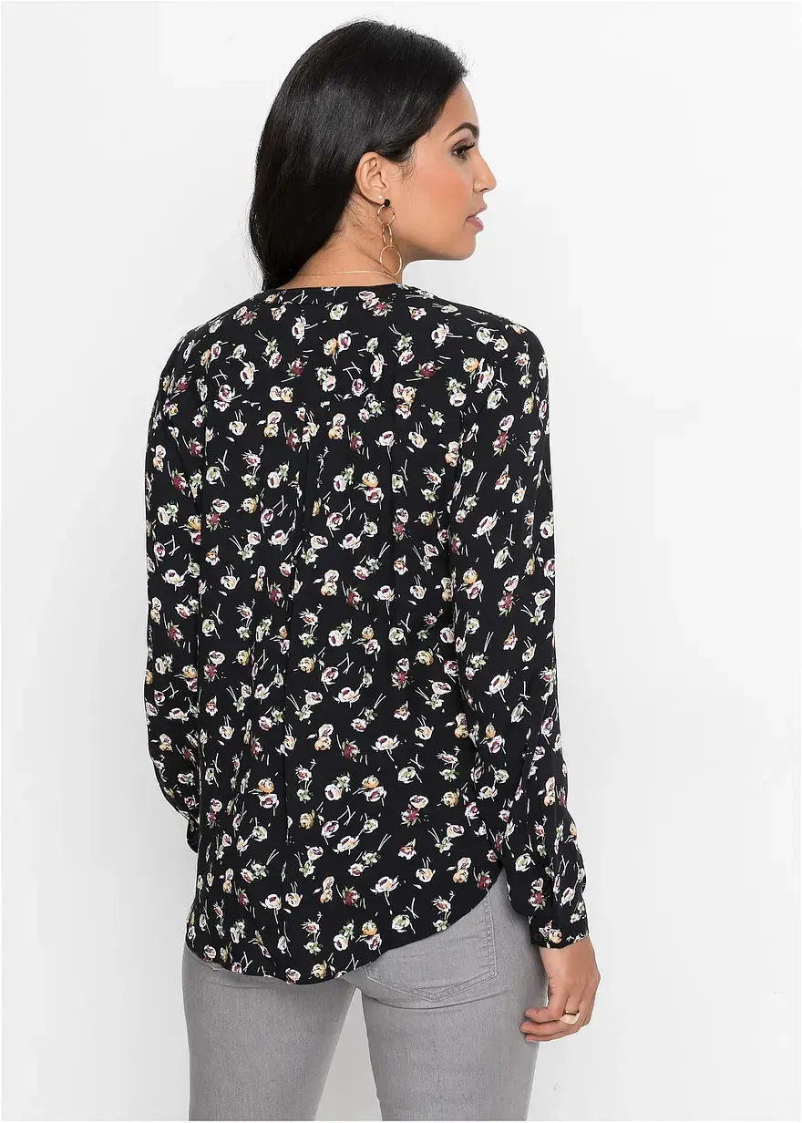 Bonprix Stylische Bluse Mit Brusttasche Und Längerem Rücksaum. - Schwarz