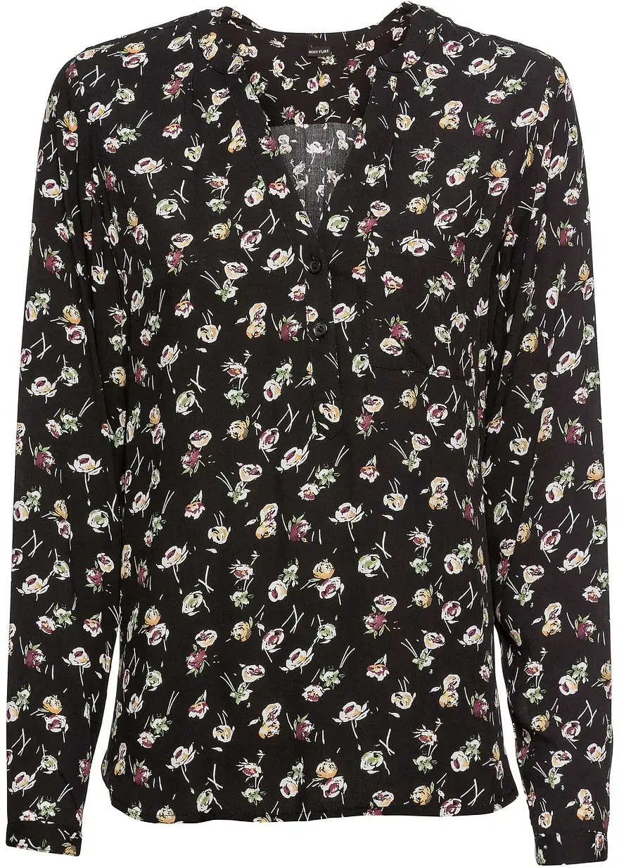 bonprix Stylische Bluse mit Brusttasche und längerem Rücksaum. - schwarz