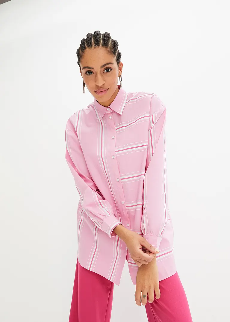 Bonprix Stylische Gestreifte Oversize Hemdbluse Aus Baumwolle - Rosa