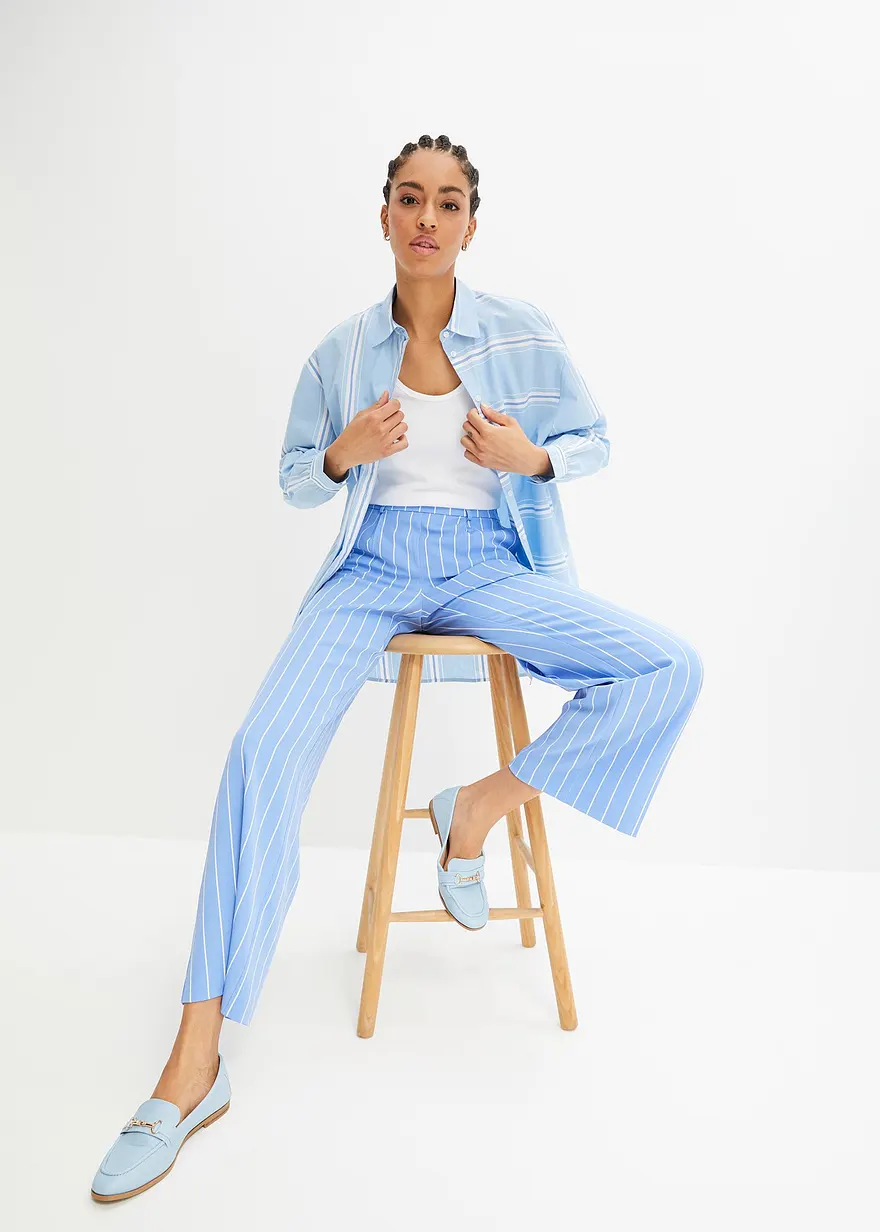 Bonprix Stylische Gestreifte Oversize Hemdbluse Aus Baumwolle - Blau