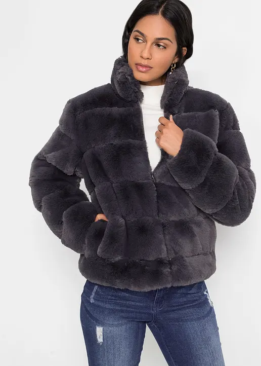 Bonprix Stylische Jacke Aus Fellimitat Mit Eingriffstaschen Vorne - Grau