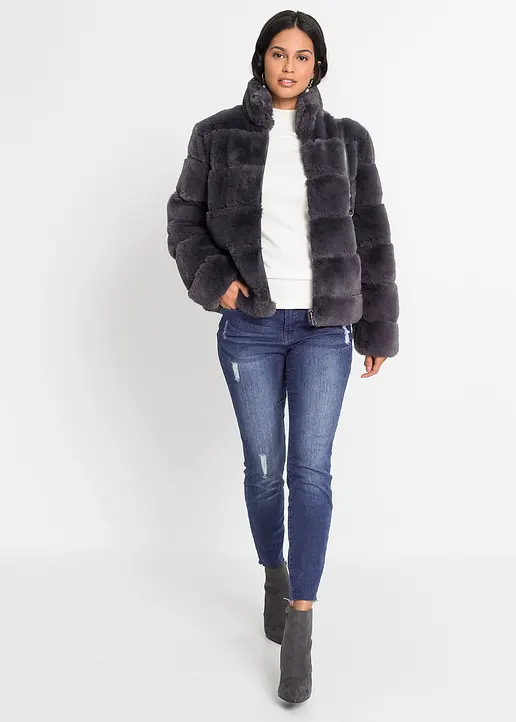 Bonprix Stylische Jacke Aus Fellimitat Mit Eingriffstaschen Vorne - Grau