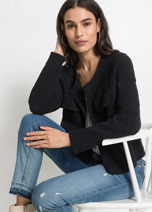 Bonprix Stylische Kurz-Strickjacke Aus Bouclégarn - Schwarz
