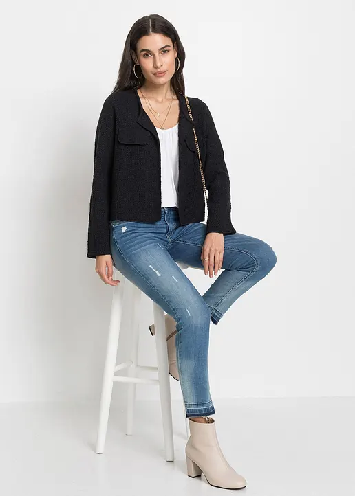 Bonprix Stylische Kurz-Strickjacke Aus Bouclégarn - Schwarz