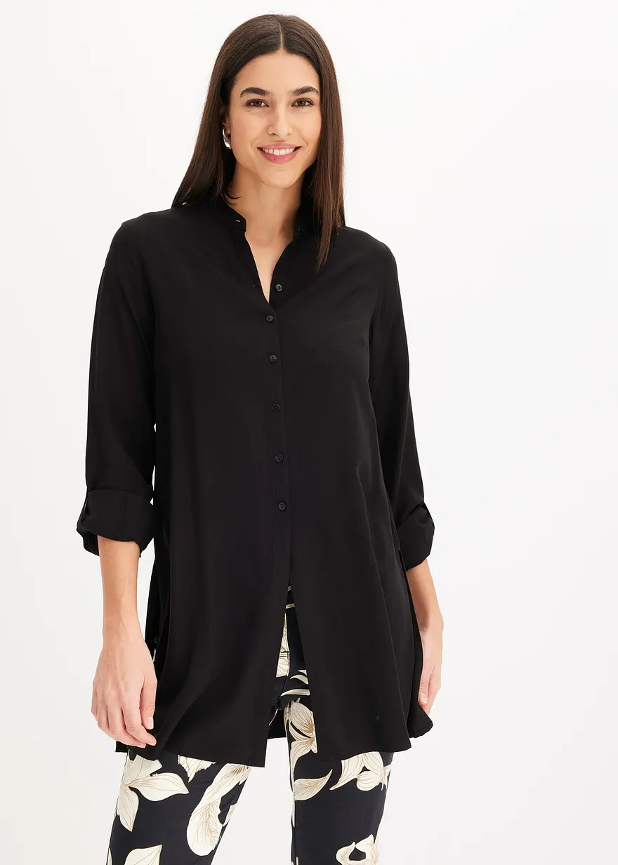Bonprix Stylische Longbluse Mit Schlitzen - Schwarz - Damen
